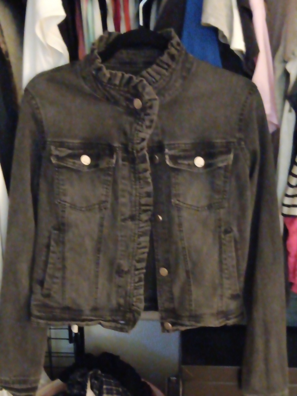 Jou Jou Black Ruffle-Trim Jean Jacket Sz M